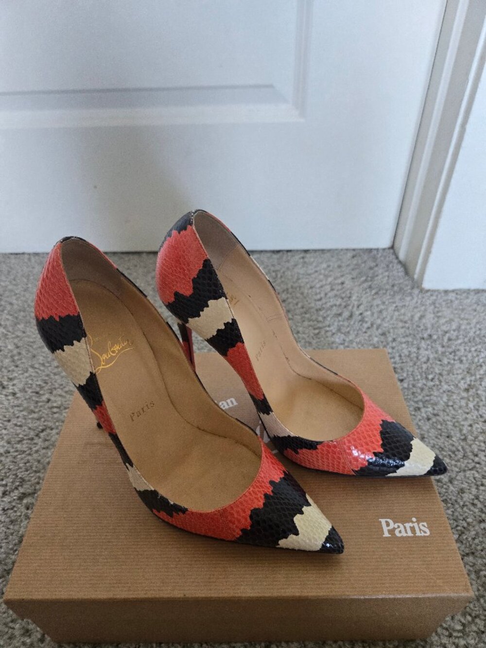 Louboutin Orange/Black/White water snake heels size 39